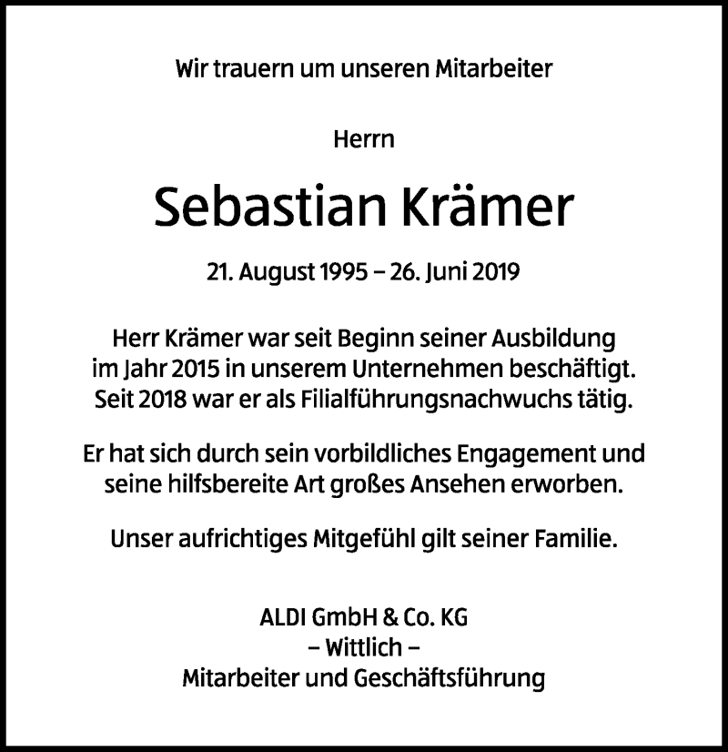  Traueranzeige für Sebastian Krämer vom 03.07.2019 aus trierischer_volksfreund