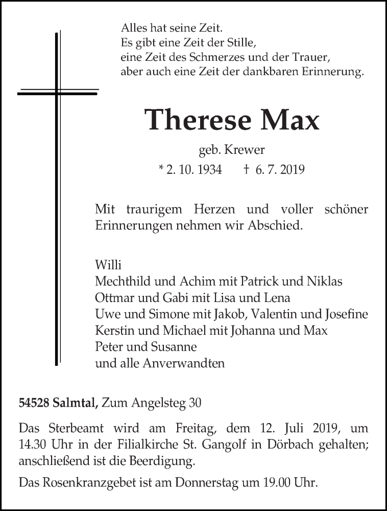 Traueranzeige für Therese Max vom 10.07.2019 aus trierischer_volksfreund