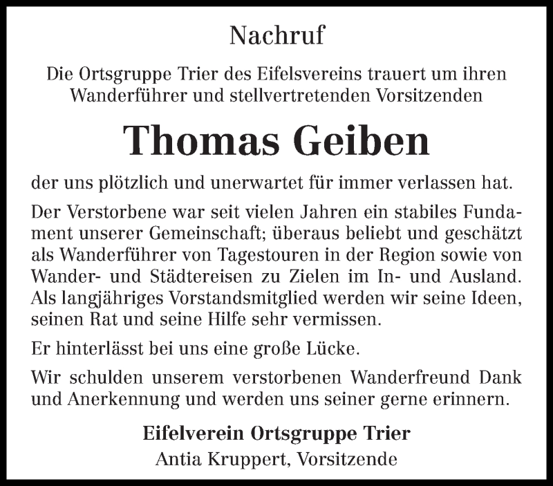 Traueranzeigen von Thomas Geiben | Volksfreund.Trauer.de
