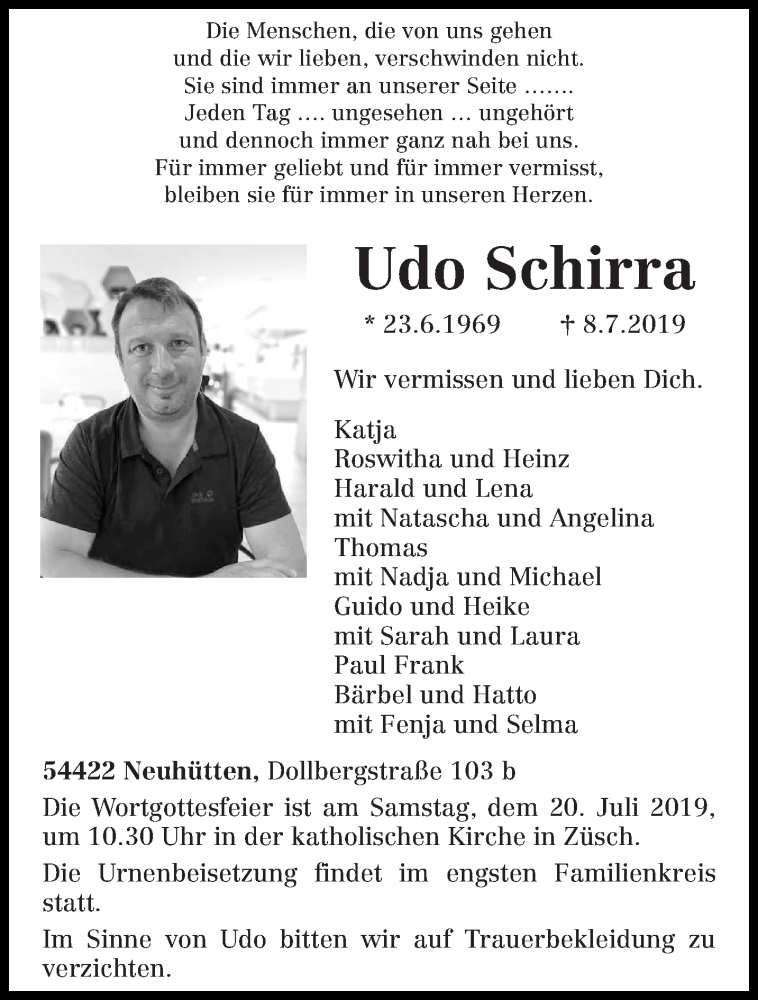  Traueranzeige für Udo Schirra vom 17.07.2019 aus trierischer_volksfreund