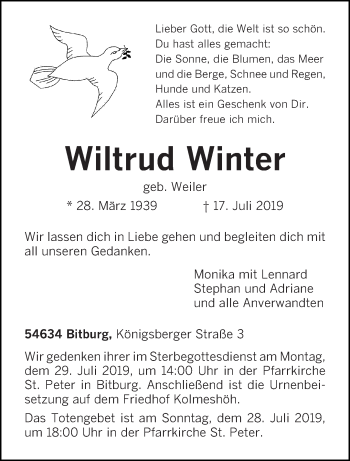 Traueranzeige von Wiltrud Winter von trierischer_volksfreund