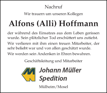 Traueranzeige von Alfons  Hoffmann von trierischer_volksfreund