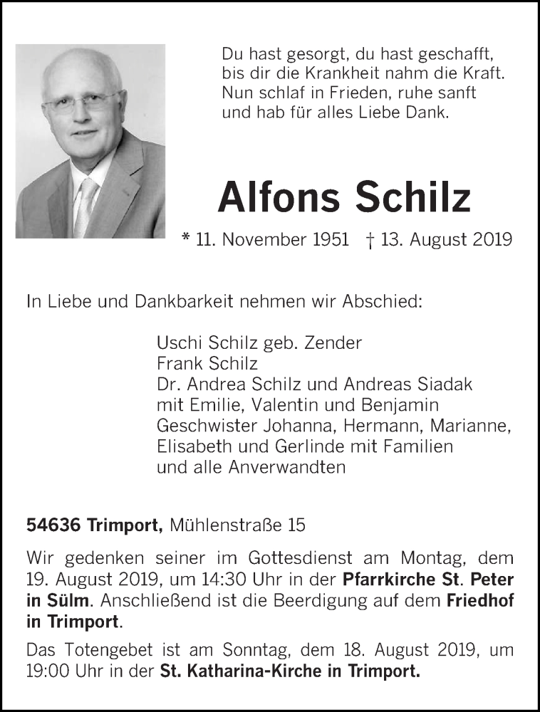  Traueranzeige für Alfons Schilz vom 15.08.2019 aus trierischer_volksfreund
