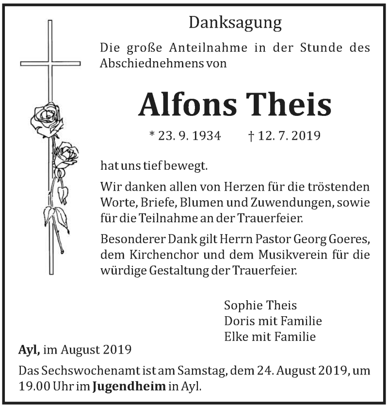  Traueranzeige für Alfons Theis vom 21.08.2019 aus trierischer_volksfreund