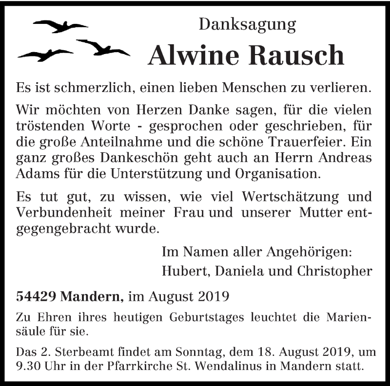  Traueranzeige für Alwine Rausch vom 13.08.2019 aus trierischer_volksfreund