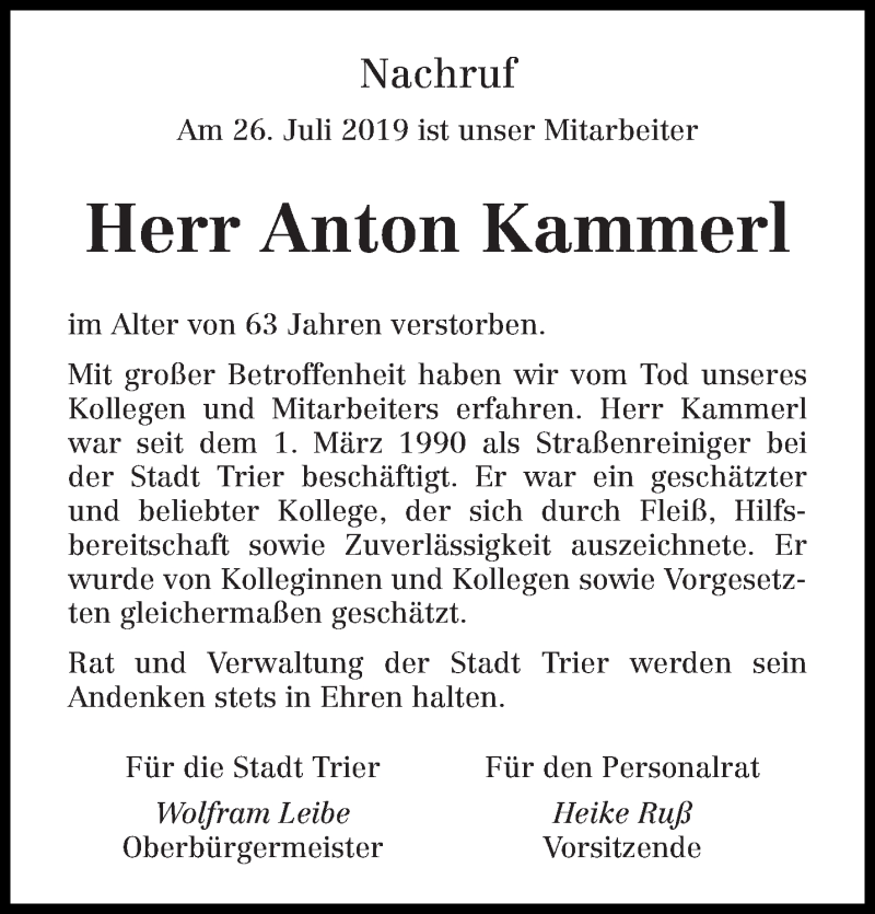  Traueranzeige für Anton Kammerl vom 31.07.2019 aus trierischer_volksfreund