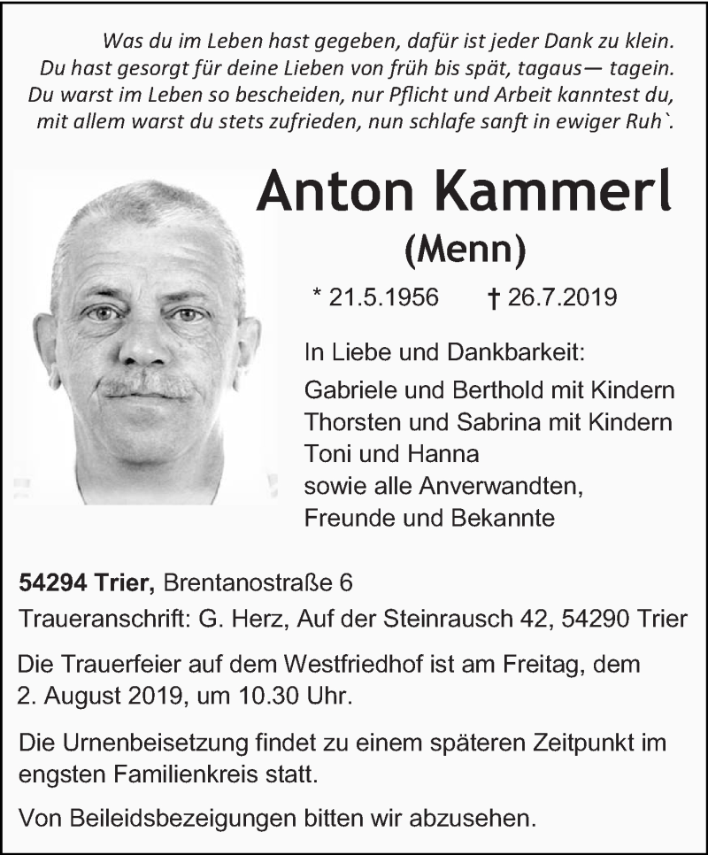  Traueranzeige für Anton Kammerl vom 31.07.2019 aus trierischer_volksfreund