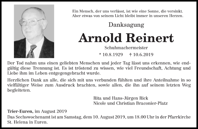  Traueranzeige für Arnold Reinert vom 08.08.2019 aus trierischer_volksfreund