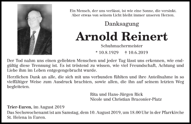  Traueranzeige für Arnold Reinert vom 06.08.2019 aus trierischer_volksfreund