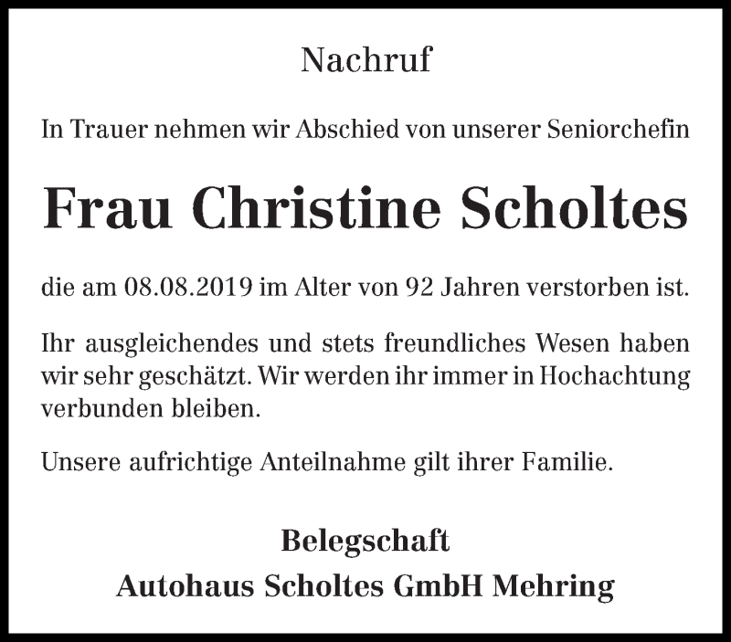  Traueranzeige für Christine Scholtes vom 13.08.2019 aus trierischer_volksfreund