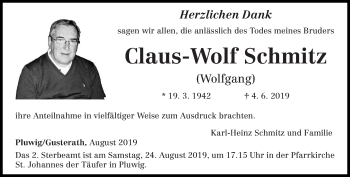 Traueranzeige von Claus-Wolf Schmitz von trierischer_volksfreund