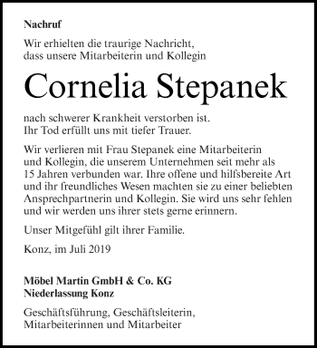 Traueranzeige von Cornelia Stepanek von trierischer_volksfreund