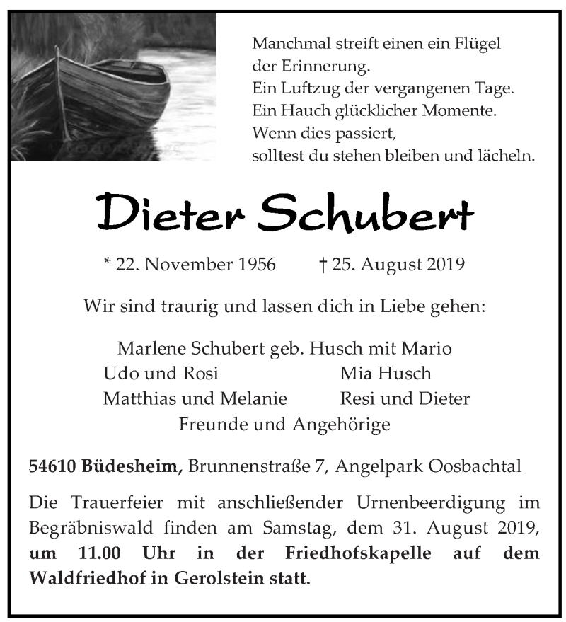 Traueranzeige für Dieter Schubert vom 28.08.2019 aus trierischer_volksfreund