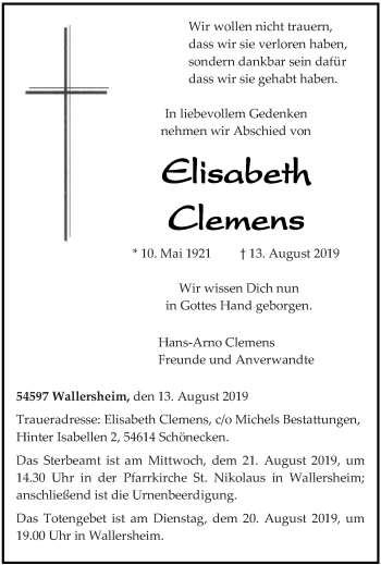 Traueranzeige von Elisabeth Clemens von trierischer_volksfreund