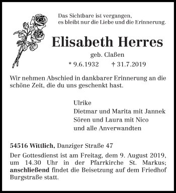 Traueranzeige von Elisabeth Herres von trierischer_volksfreund