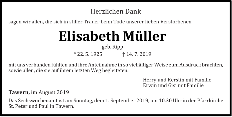  Traueranzeige für Elisabeth Müller vom 24.08.2019 aus trierischer_volksfreund