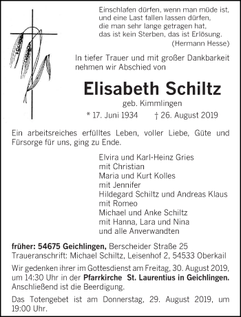 Traueranzeige von Elisabeth Schiltz von trierischer_volksfreund