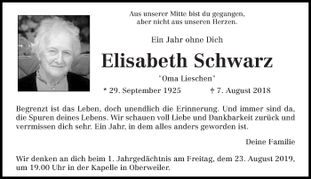 Traueranzeige von Elisabeth Schwarz von trierischer_volksfreund