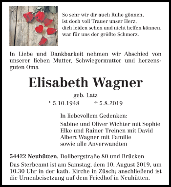 Traueranzeige von Elisabeth Wagner von trierischer_volksfreund