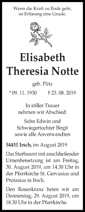 Traueranzeige von Elisabeth Theresia Notte von trierischer_volksfreund