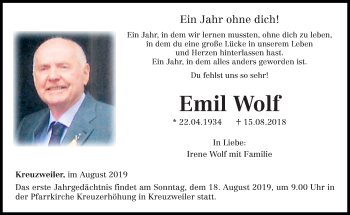 Traueranzeige von Emil Wolf von trierischer_volksfreund