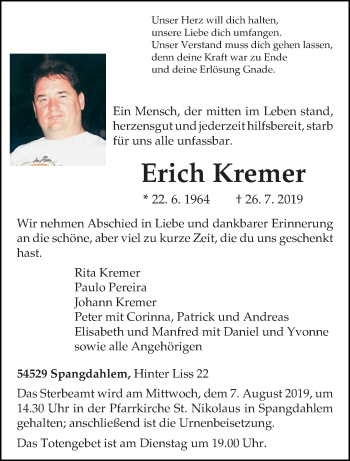 Traueranzeige von Erich Kremer von trierischer_volksfreund