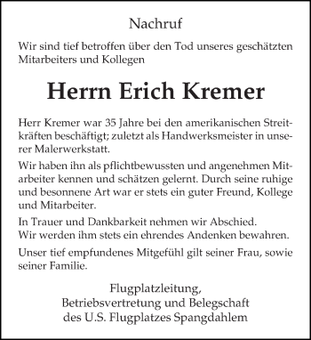 Traueranzeige von Erich Kremer von trierischer_volksfreund