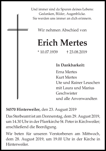 Traueranzeige von Erich Mertes von trierischer_volksfreund