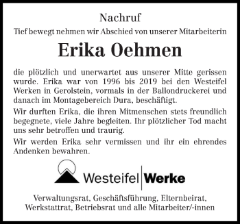 Traueranzeige von Erika Oehmen von trierischer_volksfreund