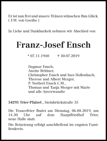 Traueranzeige von Franz-Josef Ensch von trierischer_volksfreund