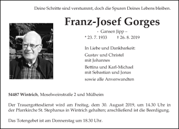 Traueranzeige von Franz-Josef Gorges von trierischer_volksfreund