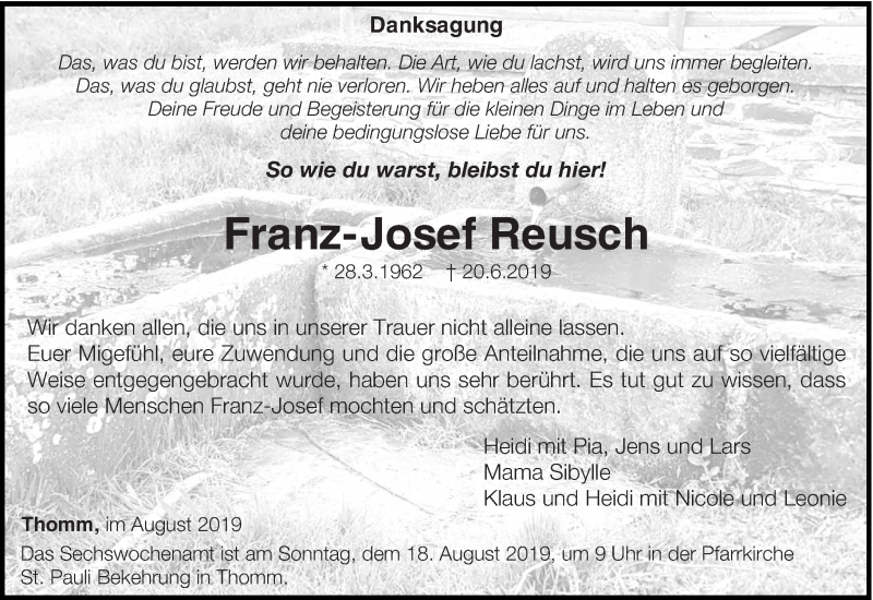  Traueranzeige für Franz-Josef Reusch vom 10.08.2019 aus trierischer_volksfreund