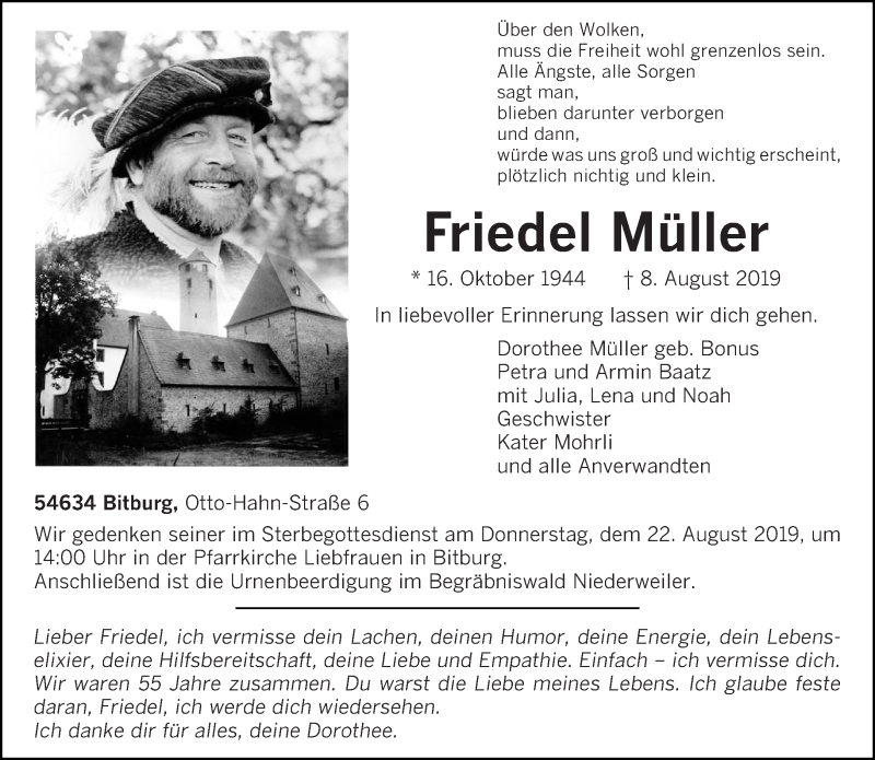  Traueranzeige für Friedel Müller vom 12.08.2019 aus trierischer_volksfreund