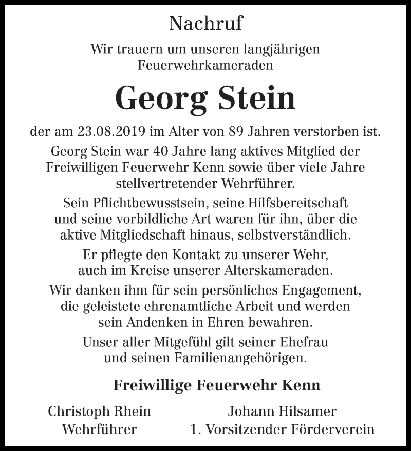  Traueranzeige für Georg Stein vom 28.08.2019 aus trierischer_volksfreund