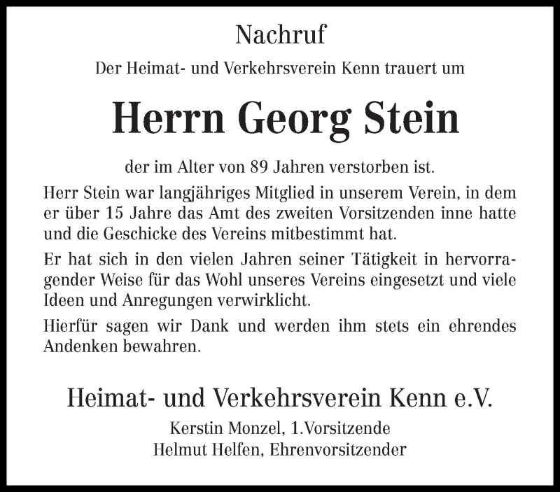  Traueranzeige für Georg Stein vom 28.08.2019 aus trierischer_volksfreund