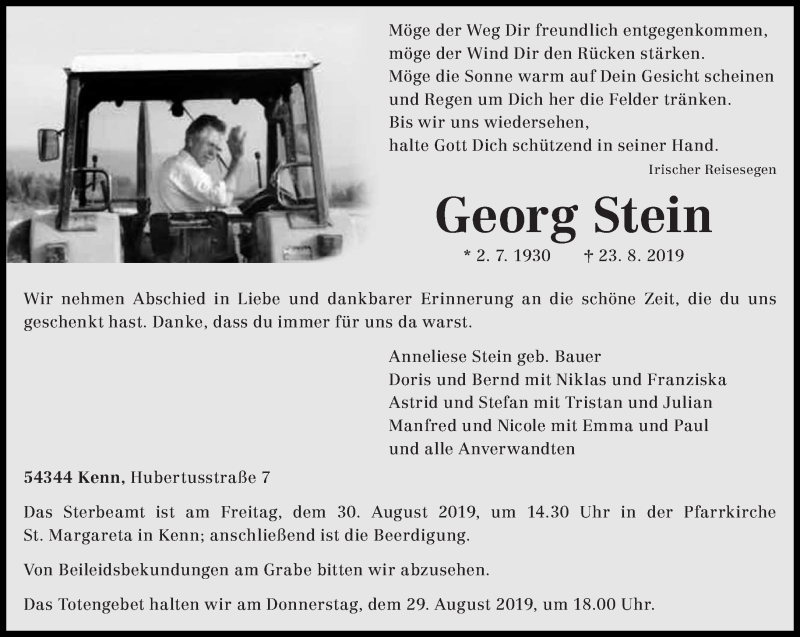  Traueranzeige für Georg Stein vom 28.08.2019 aus trierischer_volksfreund