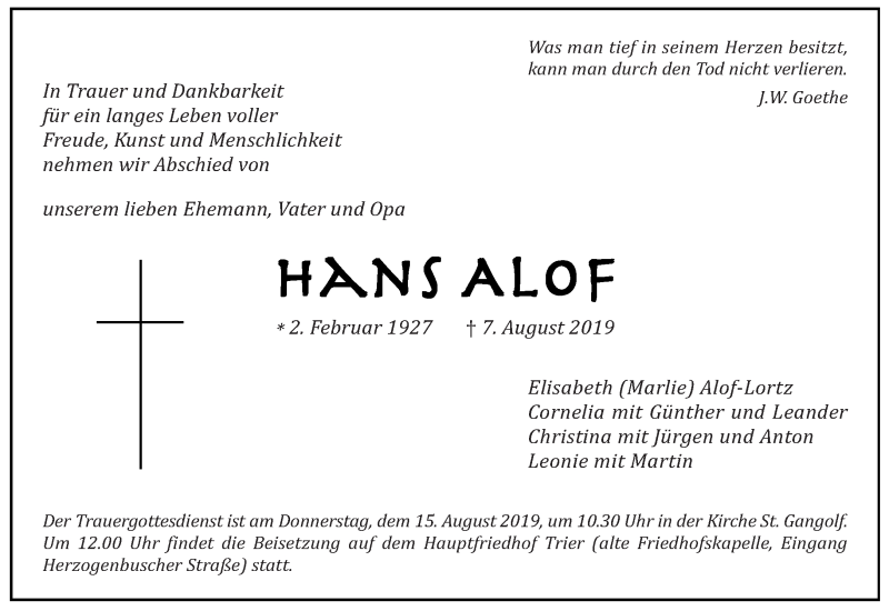  Traueranzeige für Hans Alof vom 10.08.2019 aus trierischer_volksfreund