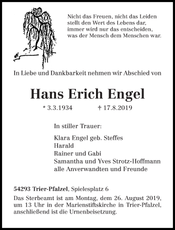 Traueranzeige von Hans Erich Engel von trierischer_volksfreund