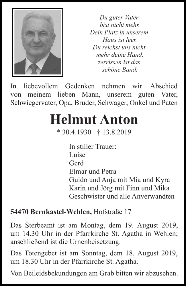  Traueranzeige für Helmut Anton vom 15.08.2019 aus trierischer_volksfreund