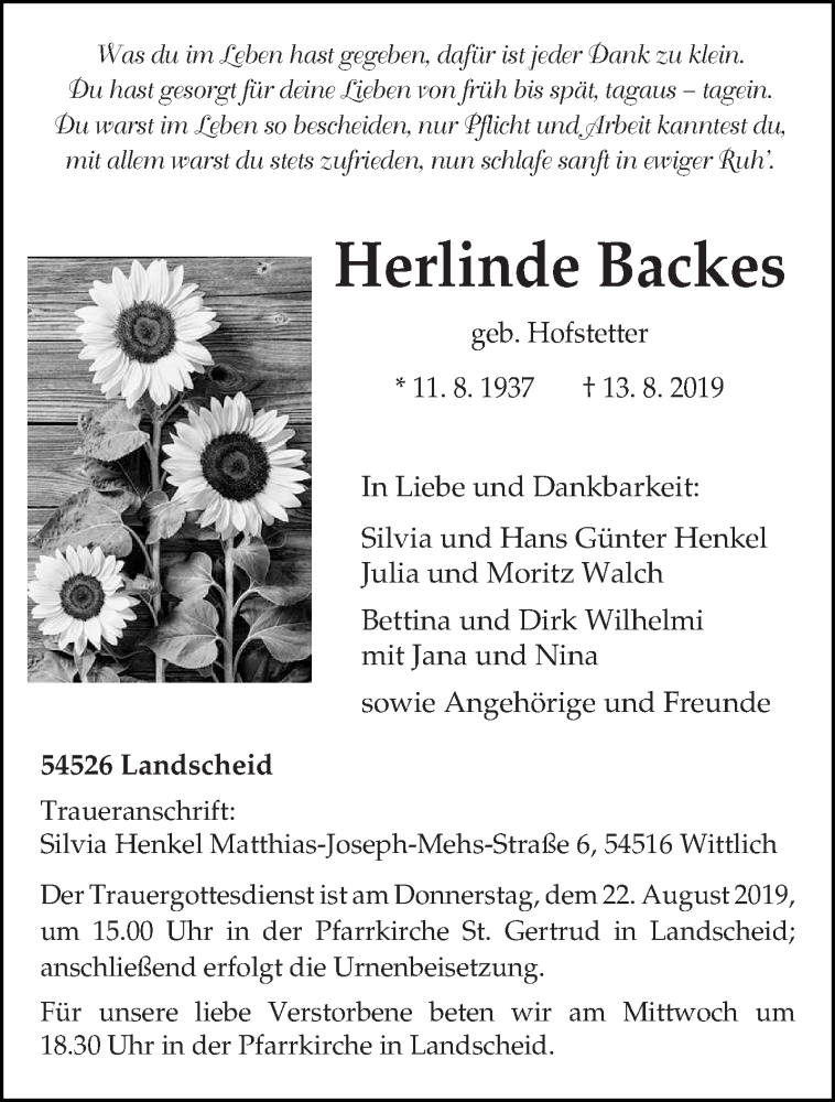  Traueranzeige für Herlinde Backes vom 17.08.2019 aus trierischer_volksfreund