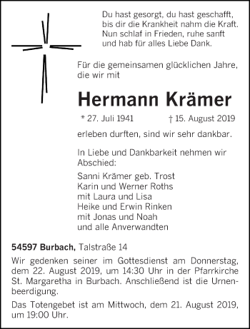 Traueranzeige von Hermann Krämer von trierischer_volksfreund