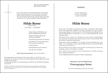 Traueranzeige von Hilde Borne von trierischer_volksfreund