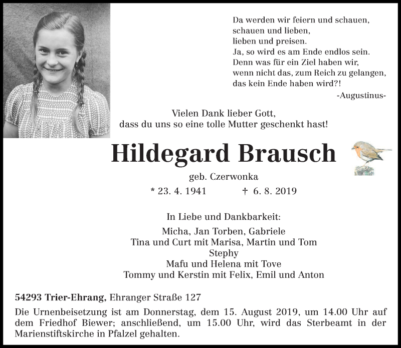  Traueranzeige für Hildegard Brausch vom 12.08.2019 aus trierischer_volksfreund
