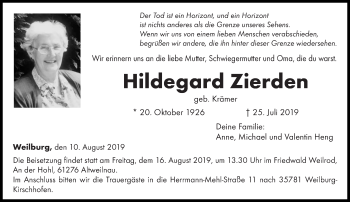 Traueranzeige von Hildegard Zierden von trierischer_volksfreund