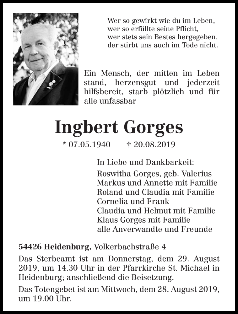  Traueranzeige für Ingbert Gorges vom 24.08.2019 aus trierischer_volksfreund