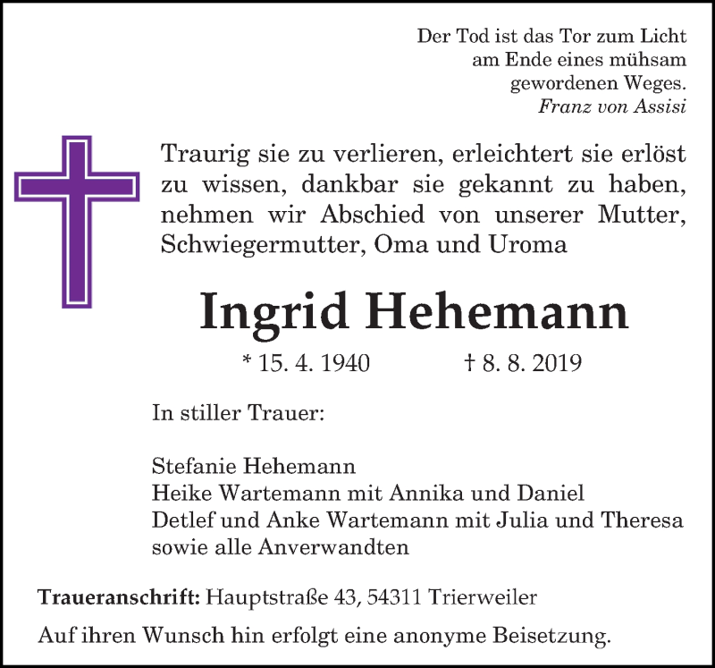  Traueranzeige für Ingrid Hehemann vom 10.08.2019 aus trierischer_volksfreund