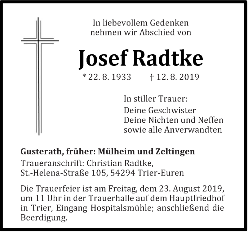  Traueranzeige für Josef Radtke vom 17.08.2019 aus trierischer_volksfreund