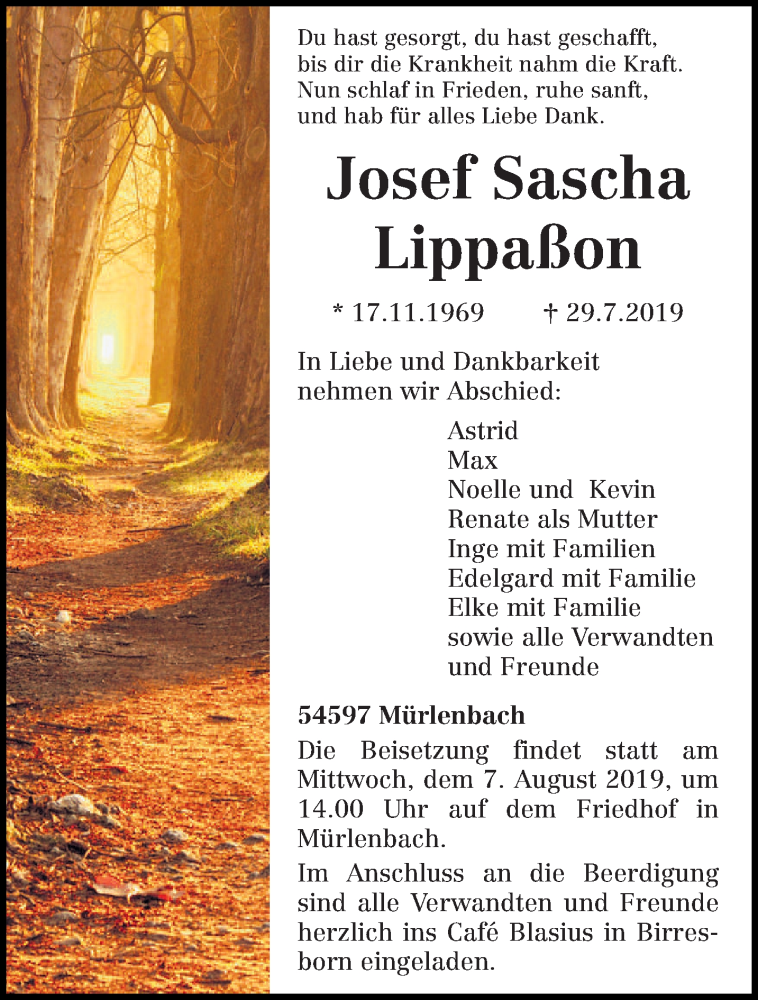  Traueranzeige für Josef Sascha Lippaßon vom 03.08.2019 aus trierischer_volksfreund