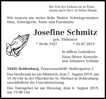 Traueranzeige von Josefine Schmitz von trierischer_volksfreund