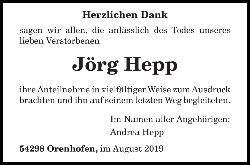  Traueranzeige für Jörg Hepp vom 07.08.2019 aus trierischer_volksfreund